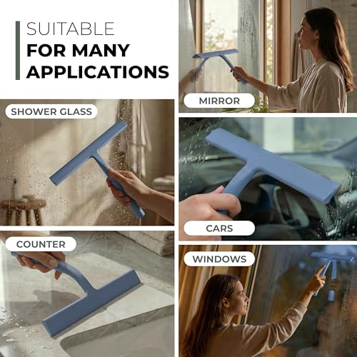 Image of GUTEWERK Silicone Shower Squeegee for Glass Doors & Mirrors with Stainless Steel Core, Streak-Free & No-Squeak Window Cleaning, 3-in-1 No-Drill Mount (Hook /Suction /Adhesive),Blue, 9 Inches