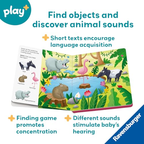 Ravensburger Play+ Shh… Who’s there? Jungle Animals (My First Seek and Find Sound Book), Baby book 12+ months: Search and find