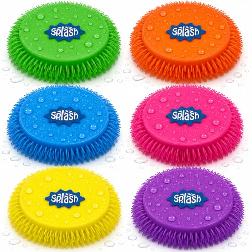 4Es Novelty 6 Pack Water Splash Discs Throw & Catch Game Absorbs Water 6.5 Floating Saucer Reusable Splash Balls Bombs Pool Toys that Float for Kids Adults Beach Games Outdoor Water Game
