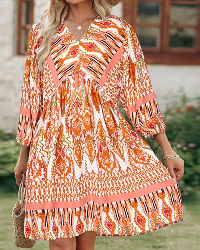 Image of BTFBM Women Casual Spring Summer Dresses V Neck 3 /4 Long Sleeve Ruffle Floral Flowy Boho Babydoll Mini Short Beach Dress