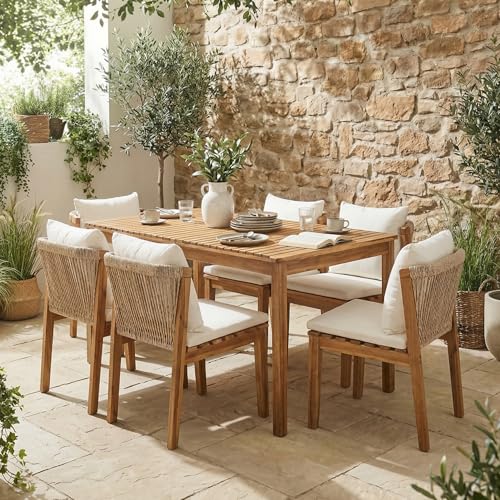 Yihomfy Salon de Jardin en Rotin 7 Pièces pour 6 Personnes Plateau de Table en Acacia,1 Table,6 Chaises,Meubles d'ExtéRieur Patio Terrasse,Dossiers...