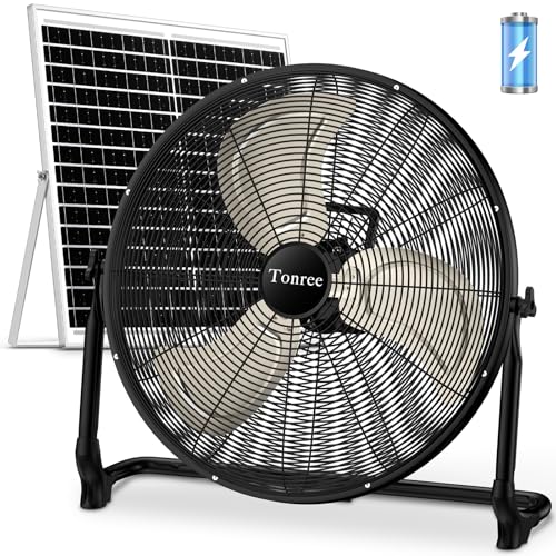 Tonree 20 Large Solar Fan Portable Battery Operated Floor Fan 50W Rechargeable Solar Powered Wireless Camping Fan Outdoor Waterproof Hi-airflow Cordless for Outside Home Garage Gym Patio Travel