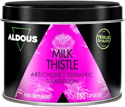 Chardon Marie avec Curcuma, Artichaut Pissenlit et Desmodium - 150 Gélules - 80% Silymarine - Hautement Concentré Extrait de Chardon Marie - Détox Foie, Digestion Difficile et Ballonnements - ALDOUS