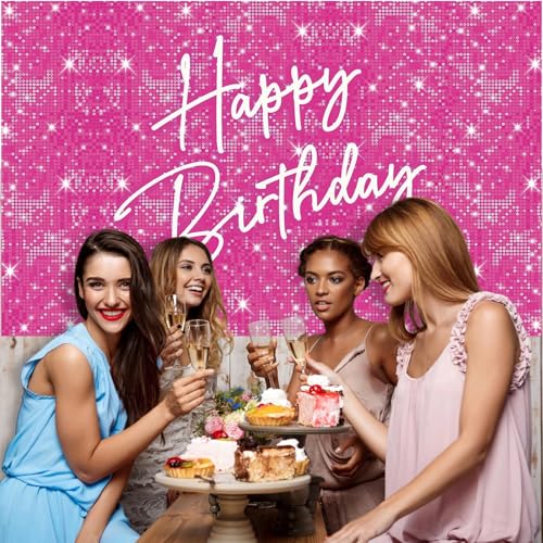Image of Glitter Happy Birthday Backdrop Banner, Pink Birthdays Banner Backdrop, Happy Birthday Party Decoration Yard Sign Background for Girl Women Birthdays Party Indoor Outdoor Decorations