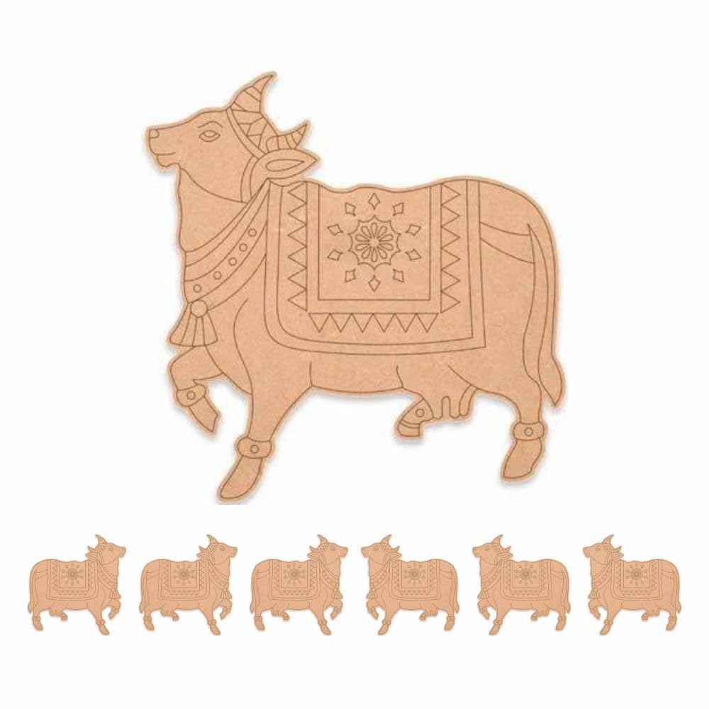 Khush Enterprise Center |Wooden Pre Engraved Pichwai Cow Pine MDF Cutout Base for DIY Craft || Diwali Rangoli | Pooja | Festival Gift | Wedding Decorations (10 cm x 9 cm) (3 Pairs - 6 Pieces)
