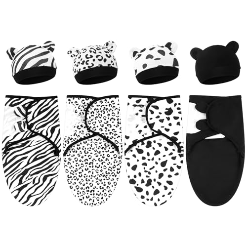 Image of Buryeah 4 Pack Preemie Swaddle Blanket Wrap Set with Hat for Baby Boys Girls 3-7 Lbs Preemie Newborn Clothes Sleepers Cap (Black and White,Leopard)