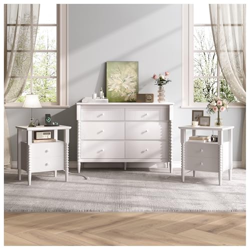 Image of JOINICE White Dresser and Nightstand Sets for Bedroom, Jenny Lind Spindle | Night Stand Set of 2 with Matching Dresser, Large Drawers for Storage, 3 Pieces Accent Set, Easy Assembly