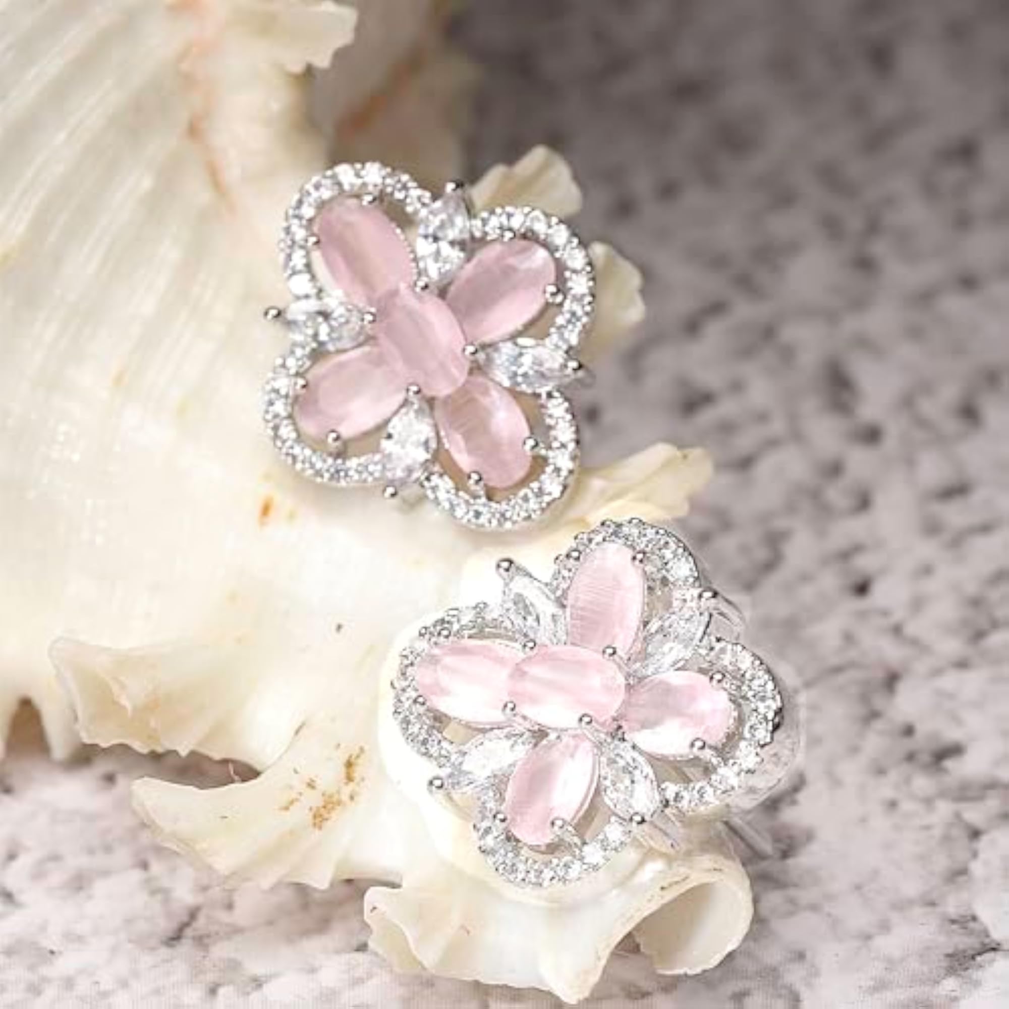 Rhodium-Plated American Diamond Floral Stud Earrings