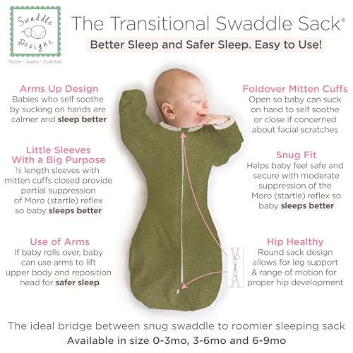 Image of SwaddleDesigns Transitional Swaddle Sack, Arms Up Half-Length Sleeves & Mitten Cuffs, Swaddle for Newborn Transition to Baby Sleep Sack Wearable Blanket, 0-3 Month, 6-14 lb, Heathered Green Turtle