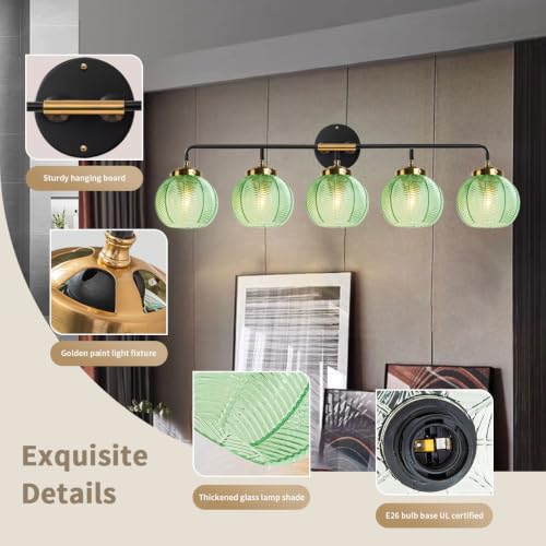 Image of 5-Light Emerald Green Vanity Lights Unique Leaf Texture Glass Shade | Bathroom Light Fixture,Black Gold Metal Finish,E26 Base,27.2Inch Long, 5.9″ Glass Shade,Over Mirror,Bedroom,Hallway,Cabinet