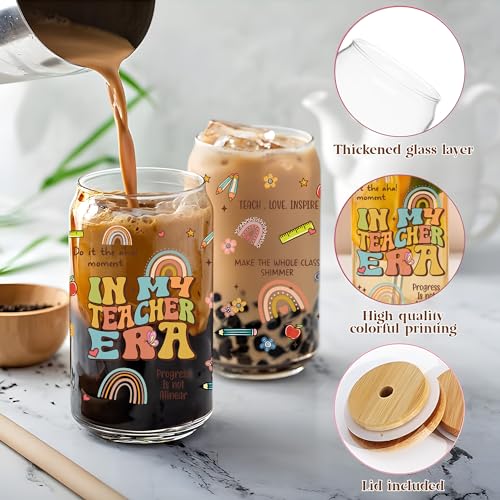 BOBAPARTHOME Teacher Appreciation Glass Cup with Lid and Straw, 16 Oz, Modern School-themed Tumbler, Hot & Cold Drinks, Reusable, Transparent, Multicolor, Includes Bamboo Lid and Straw - Image 5