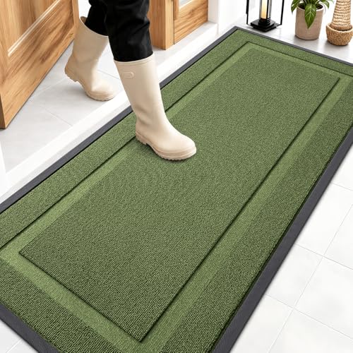 Image of OLANLY Front Door Mat Indoor Outdoor Entrance, Waterproof All-Season, All-Weather Doormat, Sturdy Natural Rubber, Low Profile, Easy Clean Patio Porch Entryway Mat, 59x23, Classic Green