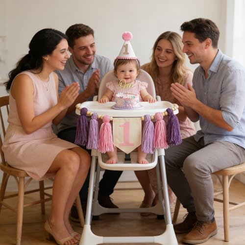 Image of Girl First Birthday Pastel Pink Purple ONE High Chair Banner with Cone Hat & Cake Toppe Baby Girl Spring 1st Birthday Decoration(Pink Purple 1st)