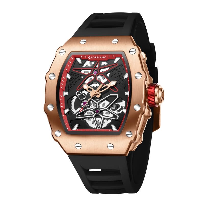 Image of Giordano Analog Skeleton Dial Watch for Men - Tonneau Case, Silicone Strap, Open-Gear Sport Design, Quartz Movement