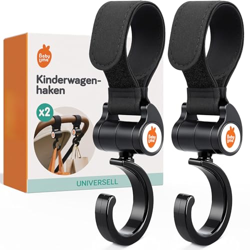 Baby Uma Kinderwagen Haken (2er-Pack) - Offene Kinderwagenhaken mit 360°-Drehgelenk & extra starkem Klettverschluss, einfach anzubringen & universal, 5 kg Tragkraft, Baby Erstausstattung Neugeborene