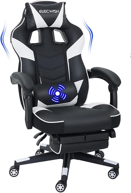 Fullwatt Video Gaming Chair Massage with footrest Office Chair with Massage Lumbar Support Swivel Reclining Chair with Racing Style Armrest PU Leather High Back Adjustable Task Chair(White)
