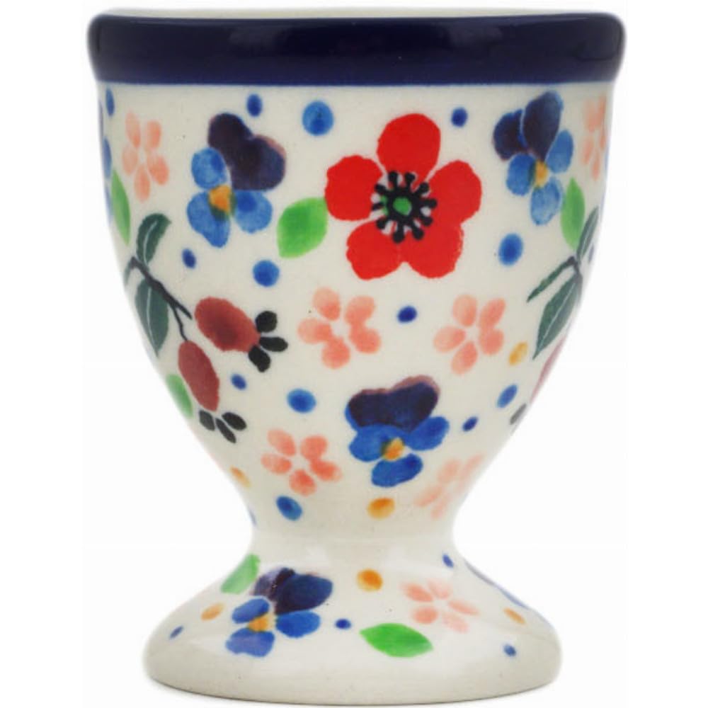 Authentic Polish Pottery Egg Holder Signature UNIKAT in Spring Meadow Design Handmade in Boles?awiec Poland by Ceramika Artystyczna + Certificate of Authenticity