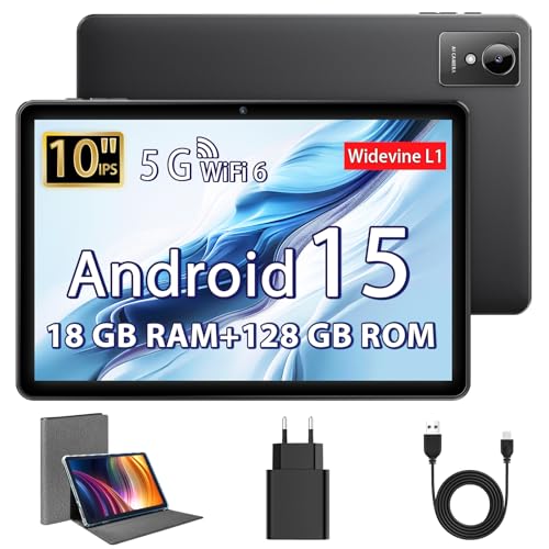 Tablet 10 Pulgadas, Tableta Android 15 con Funda, Octa Core, 18 GB RAM + 128 GB ROM + 1 TB TF, Pantalla HD IPS 1280 x 800, Cámara Dual 5MP + 8MP, 6000 mAh, WiFi 6, BT 5.0, Widevine L1, GPS, K50
