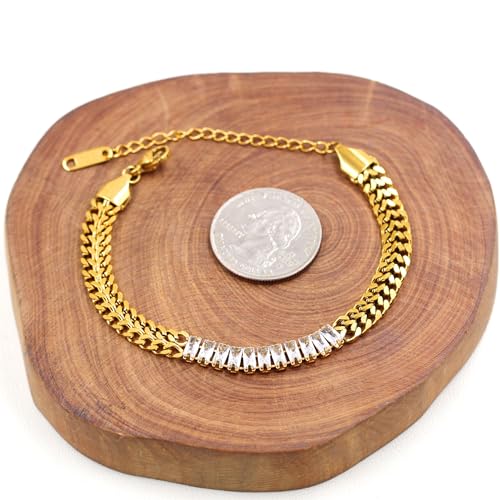 Image of Ladies Gold Double Cuban Chain, Tennis Zircon Charm Mountain /Round Mustard Seed Pendant Bracelet for Women Mom Religion Faith Jewelry