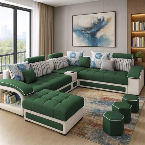 Image of Casaliving Yamir Modern U-Shaped Sectional Sofa Set with Storage, 9 Seater, Sofa Couch with 4 Puffy for Hall Guest Room (Green & Grey) Premium Fabric Sofa Set