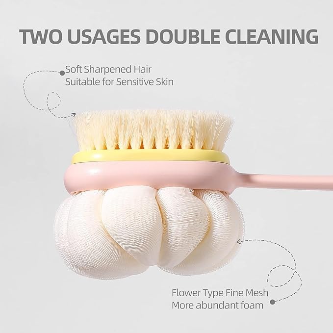 Image of KIMEE 2-In-1 Body Back Bathing Brush Scrubber With Soft Bristle & Loofah Massage Scrubber For Body Exfoliating & Cleansing,Long Handle Shower Bath Brush For Smooth,Glowing Skin For Unisex