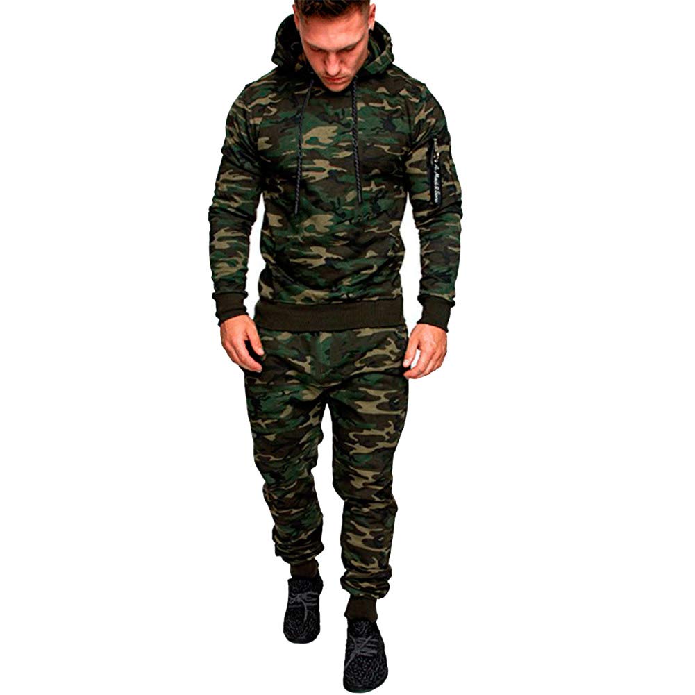 Guocu Men's Green Camouflage Gym Full Tracksuit Jogging Bottoms Hoodie Top Set Joggers Tracksuit Bottoms 2XL