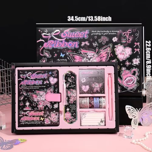 Image of PLUSPOINT Butterfly Aesthetic Scrapbook Kit for Girls - A5 Lock Diary Sweet Ribbons Theme with Stickers, Washi Tape, Memo Pads & Pen, Kawaii Journal Stationery Gift Set for DIY Scrapbooking