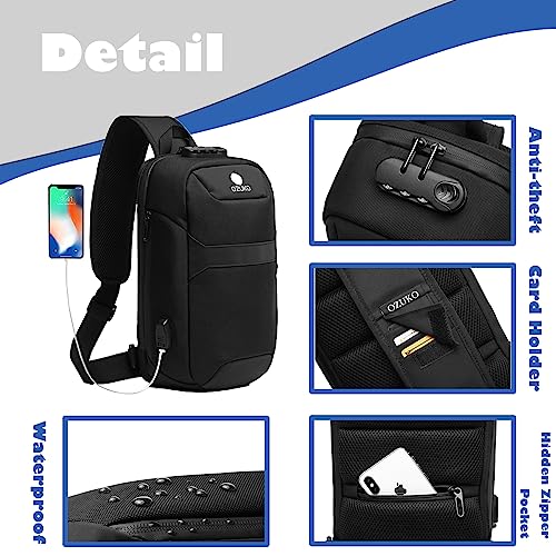OZUKO Anti Theft crossbody Sling Bag for Men, Waterproof Chest Daypack with USB Charging Port & Adjustable Strap for Daily4