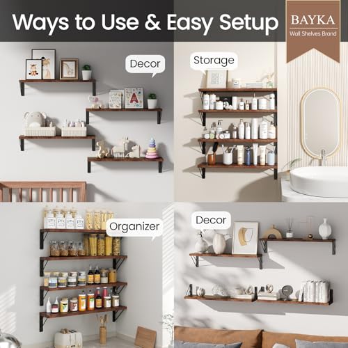Image of BAYKA Wall Shelves for Bedroom Decor, Floating Shelves for Wall, Display Mounted Rustic Wood Shelf for Books,Plants,Corner Shelves for Bathroom,Kitchen,Living Room(Rustic Brown,23in,Set of 4)
