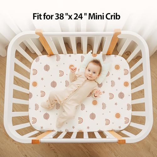 Baby Mini Crib Sheets Boy, Portable 38”x26” Pack and Play Sheets Fitted for Playard and Pack N Play Mattress, 3-Pack Soft Microfiber Orange Sun Rainbow