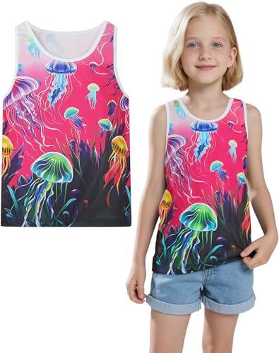Image of AMYNICE Girls Tank Tops Kids Crewneck Sleeveless Shirts Quick Dry Active Jellyfish Athletic Lightweight Cute Beach Top 2-8T