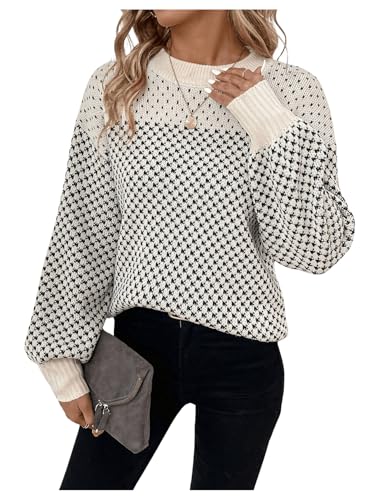 Image of MakeMeChic Women's Color Block Houndstooth Oversized Sweater Long Sleeve Crew Neck Knit Pullover Top Multicolor Large