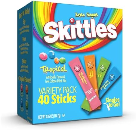 SINGLES TO GO! Skittles Go Tropical Variety Pack, Watertok Powdered Drink Mix, Zero Sugar, Low Calorie, Includes 4 Flavors: Strawberry Starfruit, Mango Tangelo, Kiwi Lime, Pineapple Passionfruit