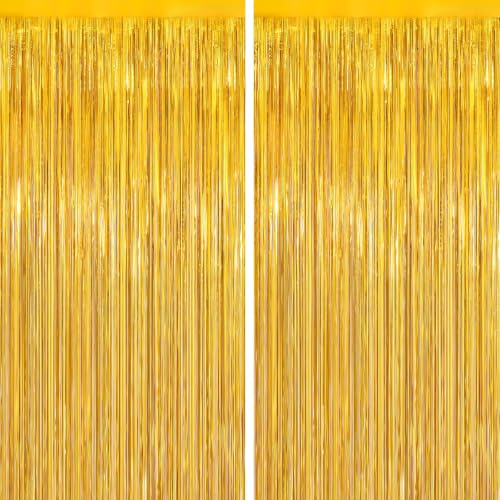 Image of Gold Tinsel Backdrop Birthday Decorations, 2Pack Foil Curtain Backdrop Gold Streamers Dance Party Decorations Photo Booth Props for Bachelorette Decors Christmas Halloween New Years Eve Party Supplies