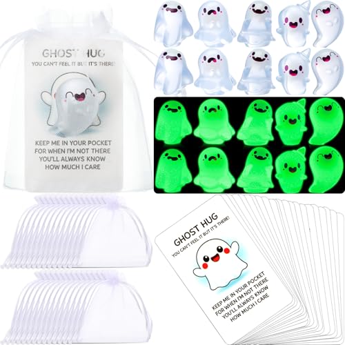 AceOrbit 50 Pcs Halloween Pocket Gifts Bulk Glow in the Dark Mini Ghost Figurines with Cards and Bags Cute Small Gifts for Adults Coworkers Friends Party Favors or Rewards