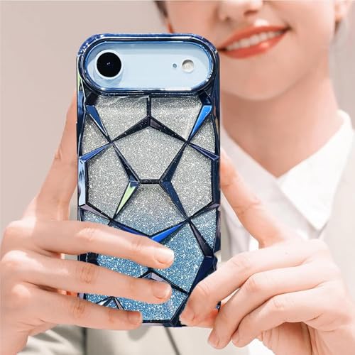 Image of VONZEE Gradient Glitter Back Cover Case Compatible with iPhone 17 Air, Luxury Electroplated 3D Cube, Diamond Bling Shiny Soft TPU Clear Shockproof Women Girls Protective Phone Cover (Sierra Blue)