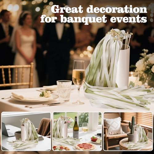 50PCS Ribbon Wedding Sparklers Wand, Wedding Send Off Silk Ribbon Fairy Wands with Gold Bells for Wedding Send Off, Party, Holiday, Activities Celebrate Ribbon Stick(Green)