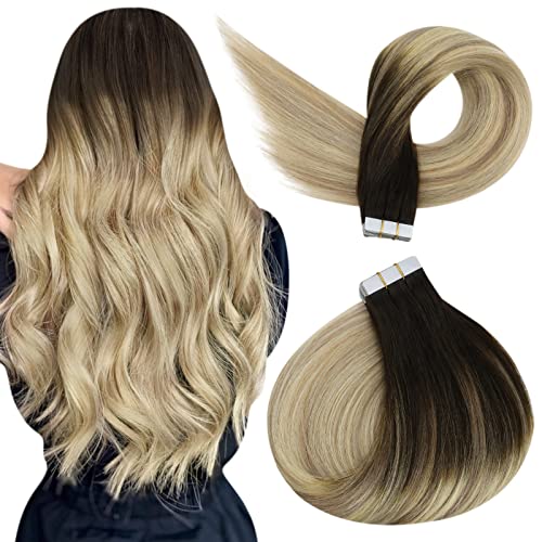 Ugeat Balayage Tape in Hair Extensions Human Hair 20 Pieces Seamless Tape in Hair Extensions Dark Brown to Platinum Blonde with Ash Blonde Tape Hair Extensions 22 Inch 50 Grams