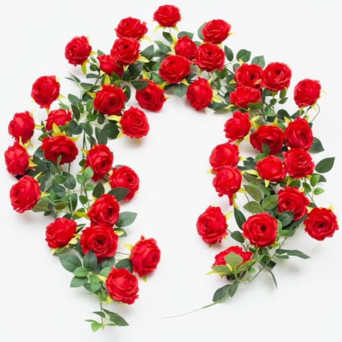2Pcs 12Ft Bendable Flower Garland Faux Rose Vine for Wedding Decor Red