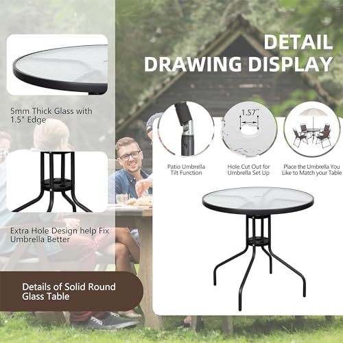 Vongrasig 6 Pieces Folding Patio Dining Set, All Weather Small Metal Outdoor Table and Chairs Set, Patio Furniture Set w/Umbrella, Glass Table & 4 Folding Chairs for Garden, Lawn, Backyard, Brown - Image 6
