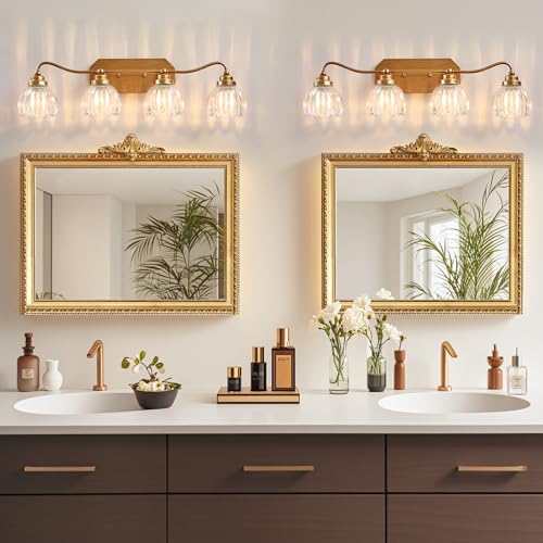 Image of Vintage Bathroom Light Fixtures, 4 Light Gold Bathroom Vanity Light, Matte Antique Brass Finish with Crystal Glass Shade, Wall Sconces Lighting for Bedroom, Living Room, Hallway