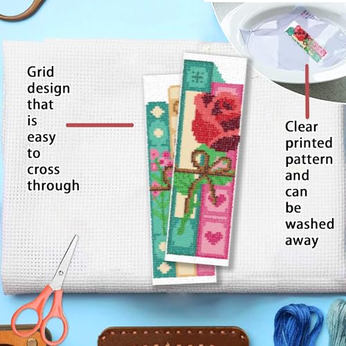 Image of FREEBLOSS 6 Set 11CT Cross Stitch Bookmarks Kit Books Theme Stamped Cross Stitch Kit DIY Embroidery Bookmark Set with Instruction for Adults Beginners Gift for Reading Enthusiasts 20x6cm /8x2.4inch
