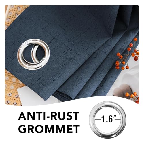 Image of H.VERSAILTEX Linen Curtains 100% Blackout Curtains for Bedroom 90 inch Long Full Light Blocking Nature Linen Blended Window Curtains for Living Room Nickel Grommet (2 Panels, Navy)