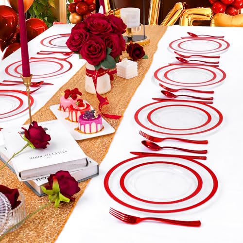 U-QE 200PCS Red Plastic Plates - Clear Red Plastic Plates Disposable Heavy Duty - Include 100 10" Dinner and 100 7" Dessert Platos for Party