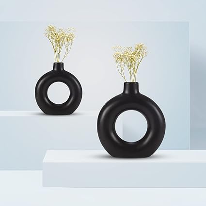 Purezento Attractive Donut Ceramic Decorative Vases with Unique Quality for Home Decor Center Table, Flowers Pot, Living Room Decoration,and Party Centerpieces(Black,8 * 6)(Pack of 2)