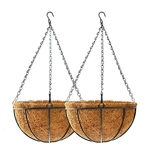 TOOCMEUK Hanging Plant Basket Flower Holder (2pack, 14 inch)-Metal Wire Round Hanging Basket Planter with Coco Fiber Liners for Plants Flower Pots Indoor Outdoor Garden Porch and Balcony Decor