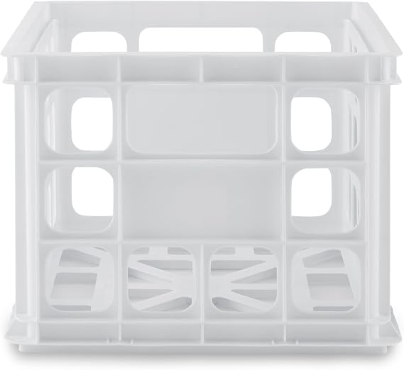 Sterilite Storage Crate, Stackable Plastic Bin Open Basket with Handles, Organize Home, Garage, Office, School, White, 1-Pack
