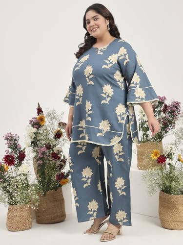 Image of Tissu Women's Plus Size Pure Cotton Grey Floral Tunic with Palazzo Co-ords