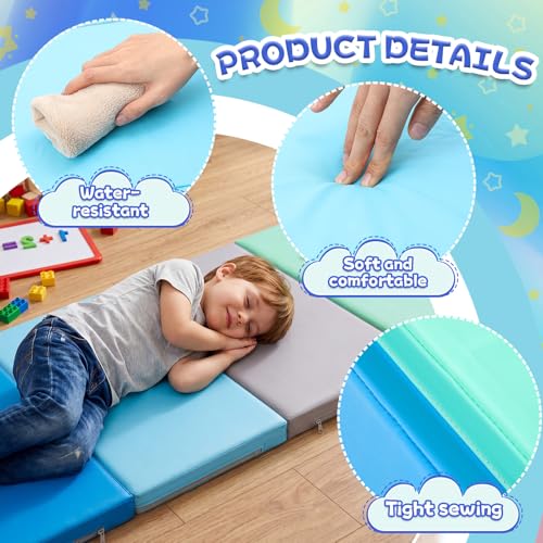 Image of Wesiti 1 Pcs Nap Mats for Preschool 1.37 Inch Thick 47x24 Folding Rest Mat 4 Section, Sleeping Pad for Kids Children Daycare Nap School Classroom Kindergarten Daycare Travel Home Green Blue