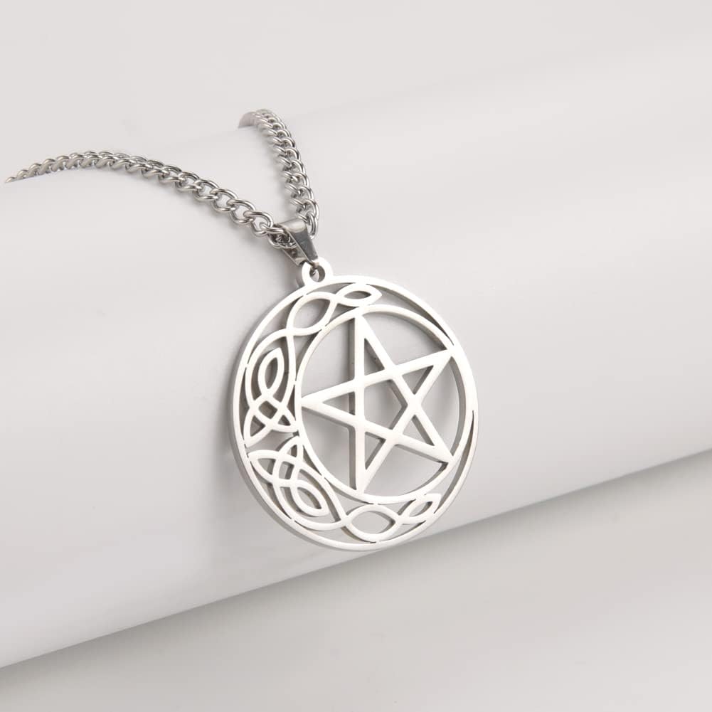 Celtic Knot Pentacle Necklace Stainless Steel Irish Celtic Knot Star Pendant Necklace Celtic Moon Pentacle Necklace Vintage Pentagram Wiccan Amulet Necklace Circle Lucky Jewelry for Women Men image 2
